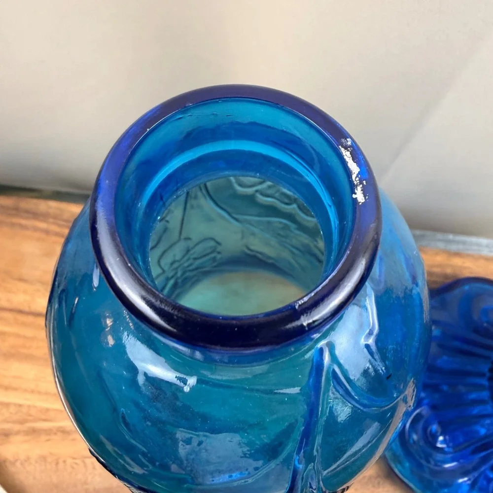 Vintage Blue Glass Hurricane Candle Holder Floral Embossed 2 Piece 18.5 Inch